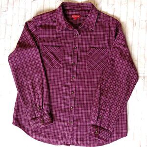 Merona Shirt Womens Size Large Burgundy Plaid Collar Long Sleeve Button Up Shirt